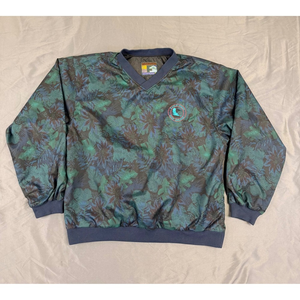 Forrester's Mens Floral Windbreaker Eagle Point Golf Pullover Green Blue Large